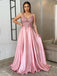 V Neck A-Line Pink Satin Long Evening Prom Dresses, Cheap Custom Prom Dress, MR7314