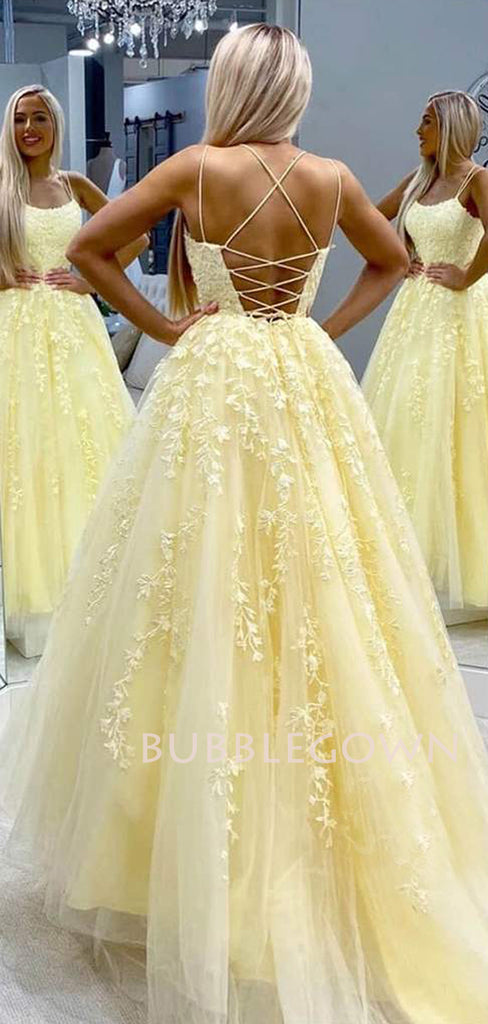 A-Line Spaghetti Straps Yellow Lace Long Evening Prom Dresses, Cheap Custom Prom Dress, MR7315