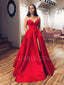 Red Satin V Neck Backless Long Evening Prom Dresses, Cheap Custom prom dresses, MR7319