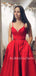 Red Satin V Neck Backless Long Evening Prom Dresses, Cheap Custom prom dresses, MR7319