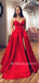 Red Satin V Neck Backless Long Evening Prom Dresses, Cheap Custom prom dresses, MR7319