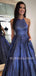 A-Line Backless Navy Blue Sparkle Long Evening Prom Dresses, Cheap Custom Prom Dresses,MR7320