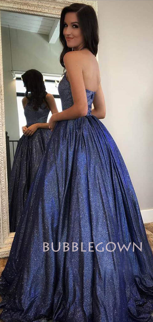 A-Line Backless Navy Blue Sparkle Long Evening Prom Dresses, Cheap Custom Prom Dresses,MR7320