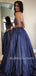 A-Line Backless Navy Blue Sparkle Long Evening Prom Dresses, Cheap Custom Prom Dresses,MR7320