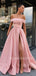 Pink Satin Off Shoulder A-line Long Evening Prom Dresses, Cheap Custom prom dresses, MR7327