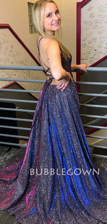 A-Line Backless Sparkle Long Evening Prom Dresses, Cheap Custom Prom Dresses,MR7329