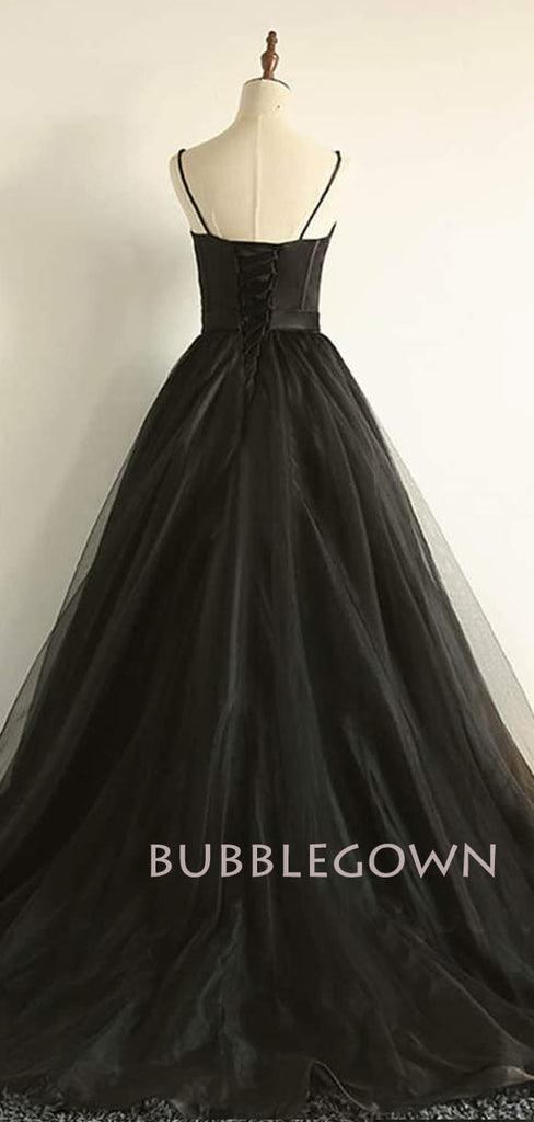 Black Tulle A-Line Cheap Long Evening Prom Dresses, Custom Prom Dress, MR7331