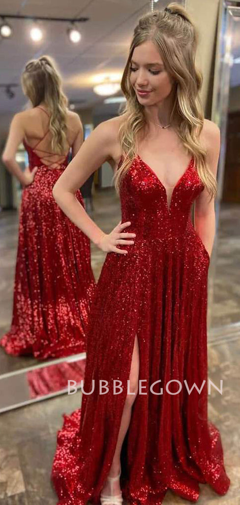 Red Sequin V Neck Backless Long Evening Prom Dresses, Cheap Custom Prom Dresses, MR7333