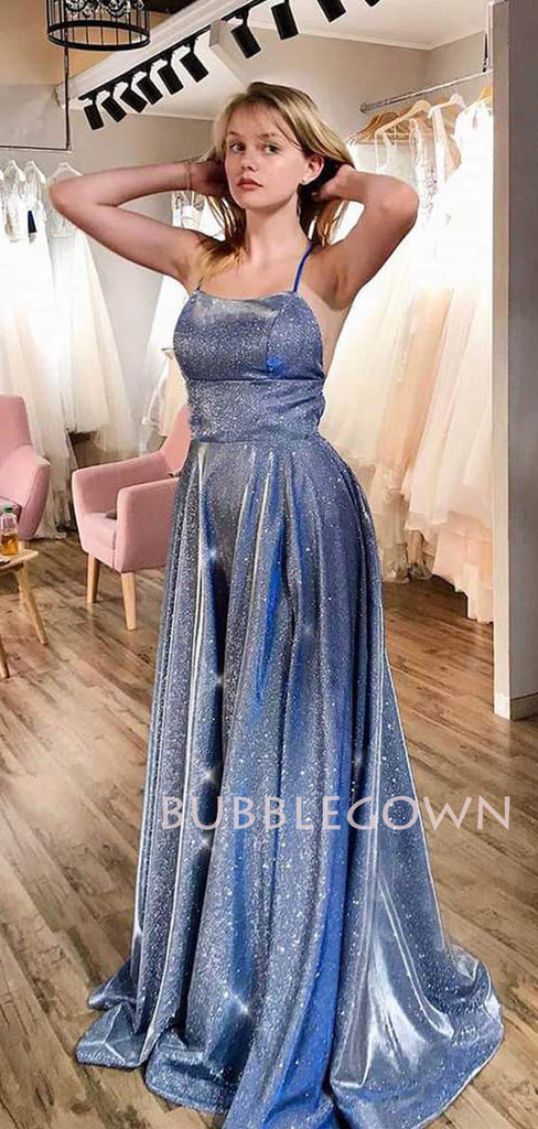 A-Line Spaghetti Straps Blue Sparkle Side Slit Long Evening Prom Dresses, MR7339