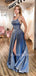 A-Line Spaghetti Straps Blue Sparkle Side Slit Long Evening Prom Dresses, MR7339