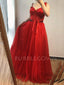 Red Tulle Beaded Straps A-Line Long Evening Prom Dresses, MR7340