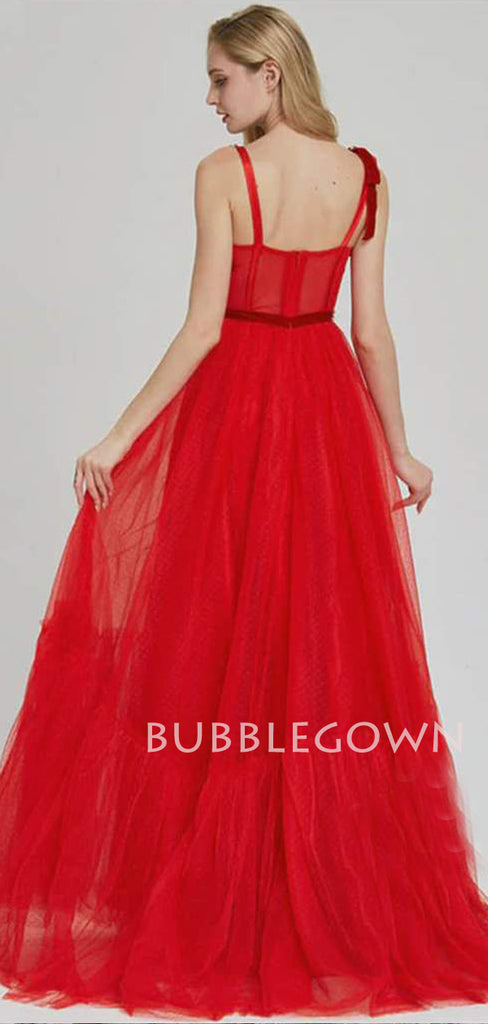 Red Tulle Beaded Straps A-Line Long Evening Prom Dresses, MR7340