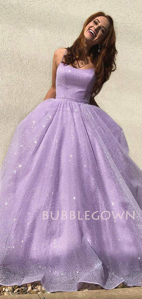 A-Line Lilac Tulle Spaghetti Straps Sparkly Long Evening Prom Dresses, MR7341