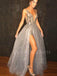 Sliver Grey A-Line Sparkly V Neck Long V Back Evening Prom Dresses, MR7342