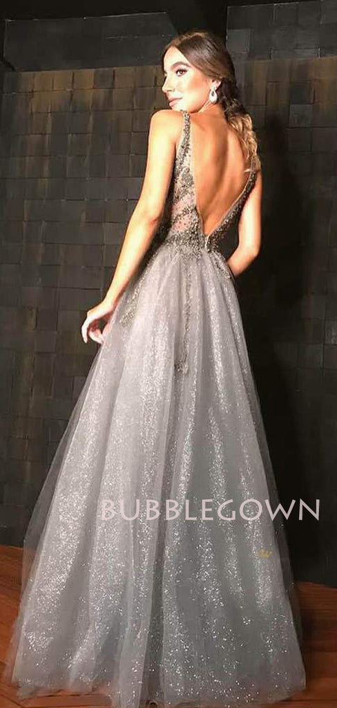 Sliver Grey A-Line Sparkly V Neck Long V Back Evening Prom Dresses, MR7342