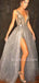 Sliver Grey A-Line Sparkly V Neck Long V Back Evening Prom Dresses, MR7342