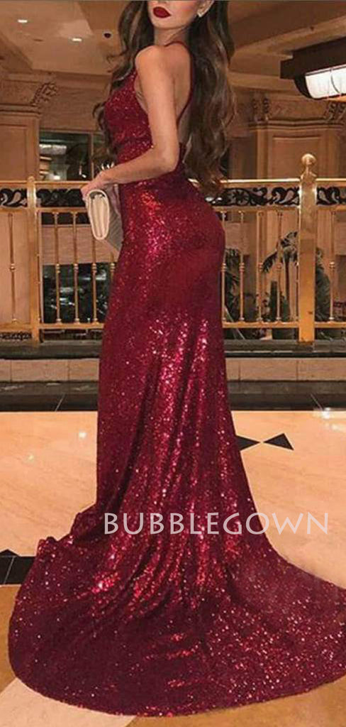 Burgundy Sequin Mermaid Side Slit Long Evening Prom Dresses, MR7343