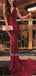 Burgundy Sequin Mermaid Side Slit Long Evening Prom Dresses, MR7343