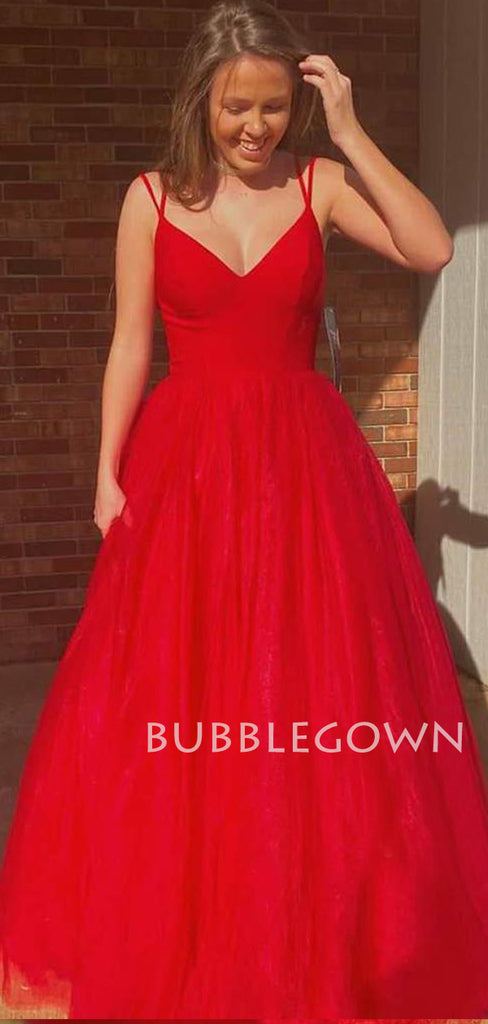 V neck Red Tulle Spaghetti Straps A-Line Long Evening Prom Dresses, MR7345