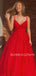 V neck Red Tulle Spaghetti Straps A-Line Long Evening Prom Dresses, MR7345