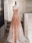 Beaded Straps Tulle A-Line Spaghetti Straps Long Evening Prom Dresses, MR7346