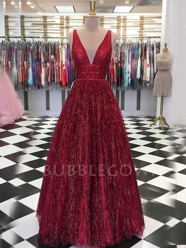 Sexy Deep V Neck Burgundy Sparkle A-Line Long V Back Evening Prom Dresses, Cheap Custom Prom Dresses,MR7347