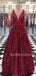 Sexy Deep V Neck Burgundy Sparkle A-Line Long V Back Evening Prom Dresses, Cheap Custom Prom Dresses,MR7347