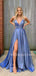 Blue Deep V Neck A-Line Sparkle Side slit Long Evening Prom Dresses, Cheap Custom Prom Dresses,MR7351