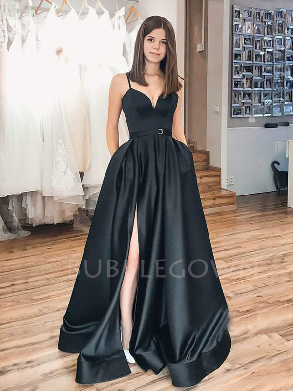 Black Satin V Neck Backless A-Line Side Slit Long Evening Prom Dresses, Cheap Custom prom dresses, MR7352