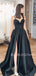 Black Satin V Neck Backless A-Line Side Slit Long Evening Prom Dresses, Cheap Custom prom dresses, MR7352