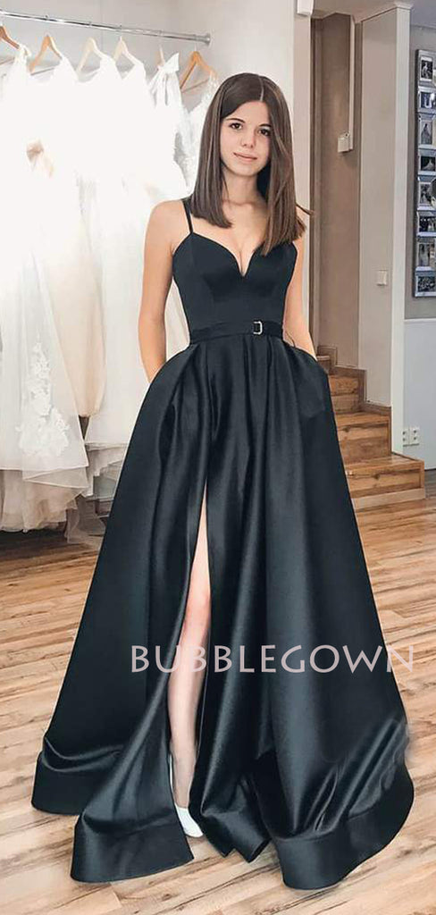 Black Satin V Neck Backless A-Line Side Slit Long Evening Prom Dresses, Cheap Custom prom dresses, MR7352