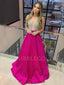 Fuchsia Satin Beaded A-Line Long Evening Prom Dresses, Cheap Custom Backless Prom Dresses, MR7353