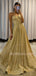 Golden Sequin A-Line Long Evening Prom Dresses, Cheap Custom Prom Dress, MR7359