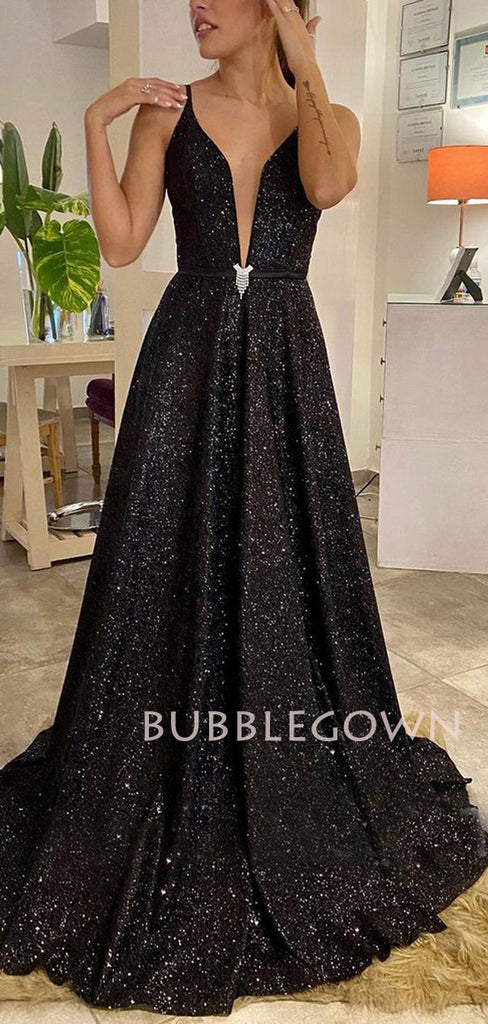 Deep V Neck Black Sequin A-Line Backless Long Evening Prom Dresses, Cheap Custom Prom Dresses, MR7367