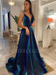 Deep V Neck Satin Long V Back A-Line Evening Prom Dresses, Cheap Custom prom dresses, MR7368