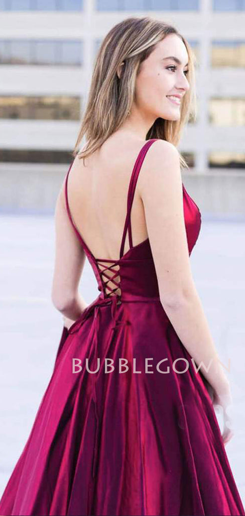 Burgundy Satin Deep V Neck Backless A-line Long Evening Prom Dresses, Cheap Custom prom dresses, MR7369