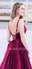 Burgundy Satin Deep V Neck Backless A-line Long Evening Prom Dresses, Cheap Custom prom dresses, MR7369