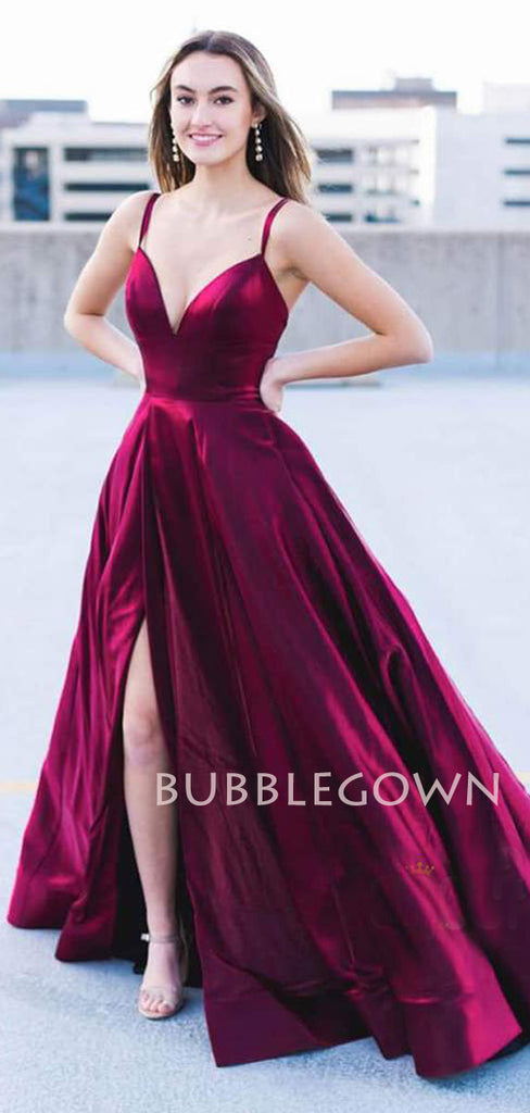 Burgundy Satin Deep V Neck Backless A-line Long Evening Prom Dresses, Cheap Custom prom dresses, MR7369