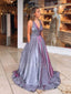 V Neck Sparkle Backless A-Line Long Evening Prom Dresses, Cheap Custom Prom Dress, MR7371