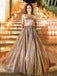 Golden Sparkle A-Line Backless Long Evening Prom Dresses, Cheap Custom Prom Dress, MR7373