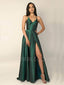 Green Satin V Neck Spaghetti Straps Side Slit Long Evening Prom Dresses, Cheap Custom prom dresses, MR7374