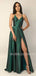 Green Satin V Neck Spaghetti Straps Side Slit Long Evening Prom Dresses, Cheap Custom prom dresses, MR7374