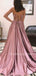 Dust Purple Satin V Neck Spaghetti Straps Side Slit Long Evening Prom Dresses, Cheap Custom prom dresses, MR7375