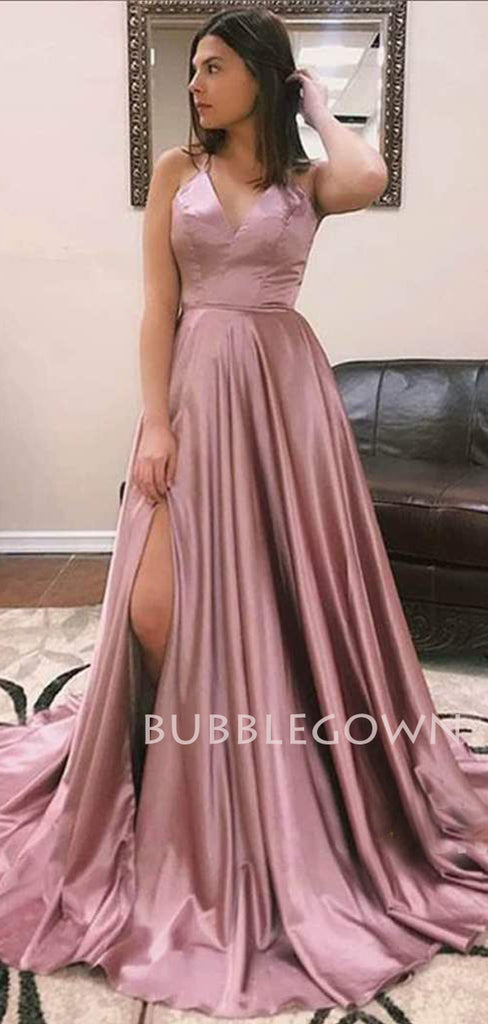 Dust Purple Satin V Neck Spaghetti Straps Side Slit Long Evening Prom Dresses, Cheap Custom prom dresses, MR7375