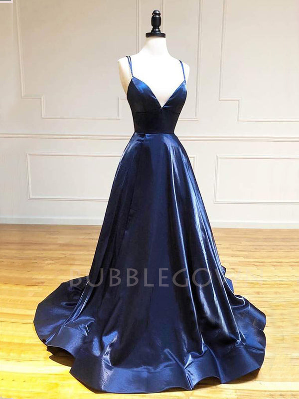 Dark Blue Satin Spaghetti Straps Side Slit Long V Neck Evening Prom Dresses, Cheap Custom prom dresses, MR7376