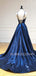 Dark Blue Satin Spaghetti Straps Side Slit Long V Neck Evening Prom Dresses, Cheap Custom prom dresses, MR7376