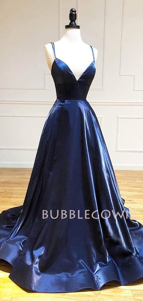 Dark Blue Satin Spaghetti Straps Side Slit Long V Neck Evening Prom Dresses, Cheap Custom prom dresses, MR7376