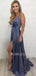 Dusty Blue V Neck A-Line Side Slit Long Evening Prom Dresses, Cheap Custom Prom Dress, MR7377