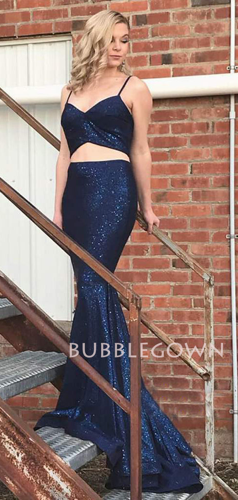 Two Pieces Dark Blue Sparkly Mermaid Long Evening Prom Dresses, Cheap Custom Prom Dress, MR7379