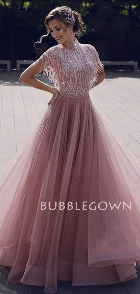 Dusty Pink Tulle Beaded A-Line Long Evening Prom Dresses, MR7381